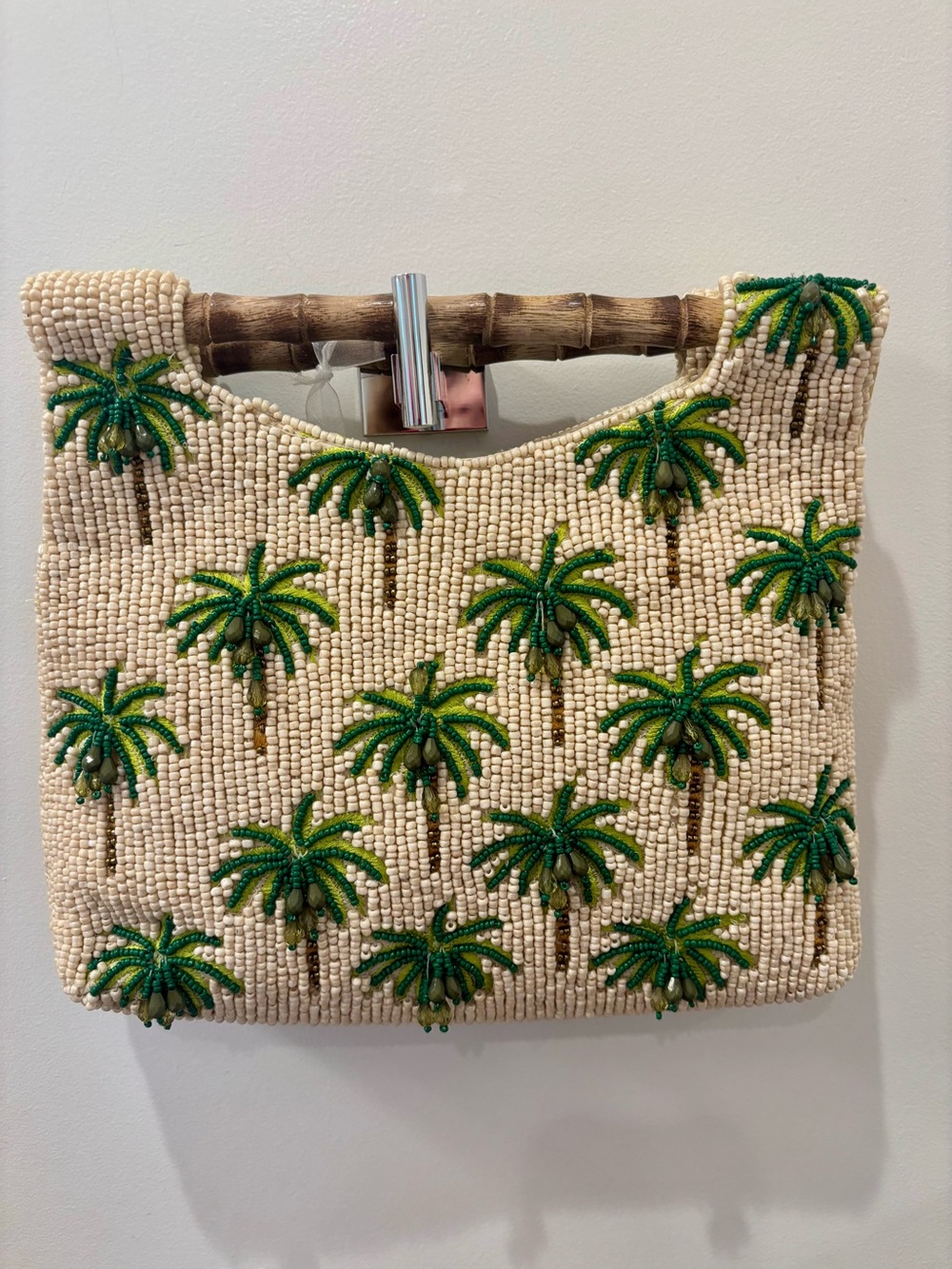 NWT Made in India Beaded Palm Tree Bamboo Handle Bag